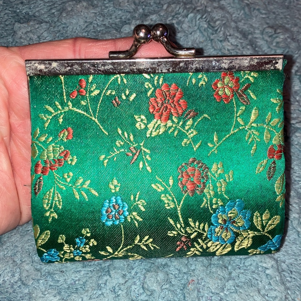 Hand Crafted Satin Green Floral Coin Purse VINTAGE